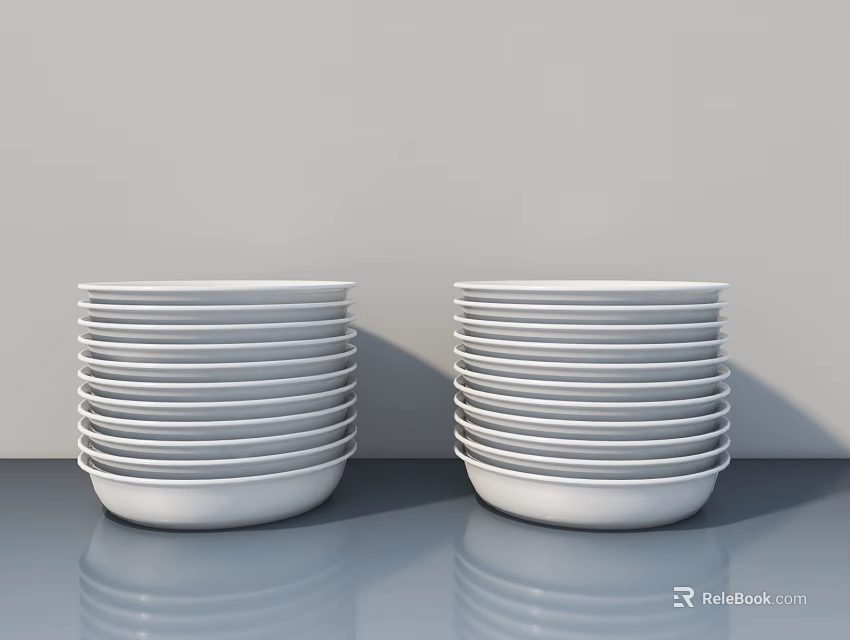 Decorative Ornament Set with Stacked White Plates on Gray Countertop Light Gray Background and Reflections 3d model 