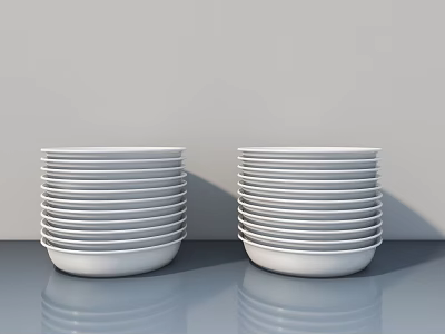 Decorative Ornament Set with Stacked White Plates on Gray Countertop Light Gray Background and Reflections 3d model