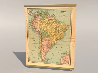 Antique South America Map Wall Decoration with Wooden Frame and Detailed Design 3d model