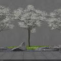 Three Lush Trees with Green Grass Stones and Shadows on Gray Wall Stone Pavement