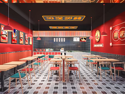 Red Themed Shopping Mall Restaurant With Decorative Paintings Neon Signs Tables Chairs And Checkerboard Floor 3d model