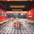 Red Themed Shopping Mall Restaurant With Decorative Paintings Neon Signs Tables Chairs And Checkerboard Floor