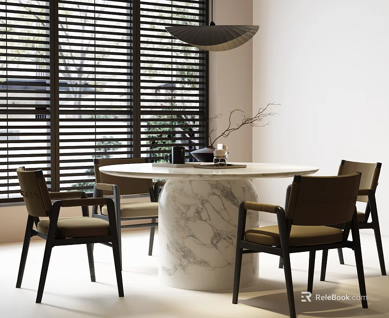 Modern Round Dining Table Set With Marble Pedestal Upholstered Chairs Pendant Light And Blinds 3d model 