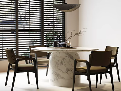Modern Round Dining Table Set With Marble Pedestal Upholstered Chairs Pendant Light And Blinds 3d model