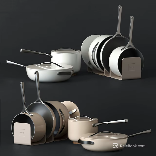 Modern Stylish Cookware Set With Pans Pots And Storage Rack In Neutral Tones 3d model