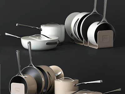 Modern Stylish Cookware Set With Pans Pots And Storage Rack In Neutral Tones 3d model