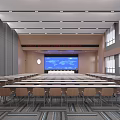 Spacious Conference Room Featuring Neatly Arranged Tables Chairs Strip Lights Gray Wooden Walls Red Banner