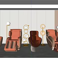 Multiple Massage Chairs In Modern Design With Brown Leather And Floor Lamps