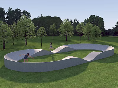 Curved Outdoor Play Equipment Structure On Green Grass With Trees And Children Playing 3d model