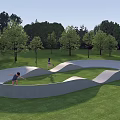 Curved Outdoor Play Equipment Structure On Green Grass With Trees And Children Playing