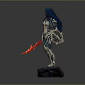 Warrior Woman Statue With Blue Hair Armor Red Sword And Rock Base