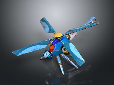 Blue Sci Fi Mechanical Dragonfly Toy With Large Wings Yellow Red Details Metallic Legs 3d model