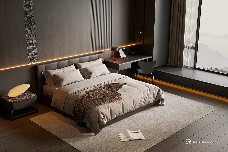 Modern Bedroom Interior Design With Platform Bed And Work Desk 3d model 