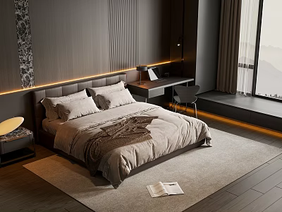 Modern Bedroom Interior Design With Platform Bed And Work Desk 3d model