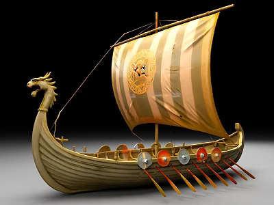 Ancient Style Wooden Ship With Dragon Head Bow Striped Sail Emblem Shields And Oars 3d model