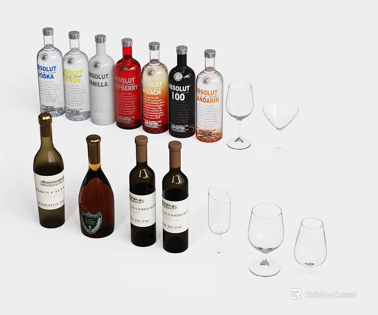 Various Wine Bottles And Different Types Of Wine Glasses Arranged For 3d model 