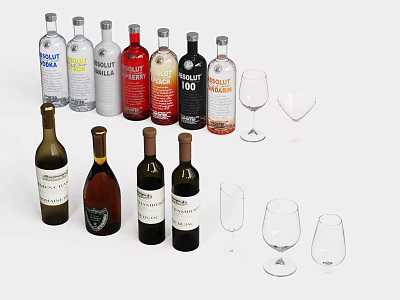 Various Wine Bottles And Different Types Of Wine Glasses Arranged For 3d model