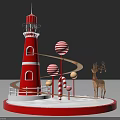 Decorative Scene With Red Lighthouse Striped Candy Canes And Reindeer Figure On Circular Base