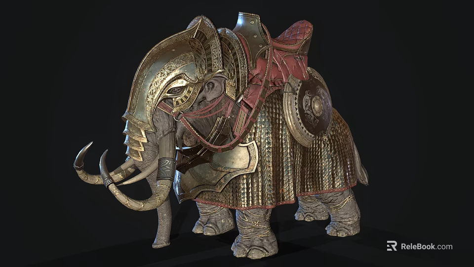 Ornate Armored Elephant Display With Golden Decorative Plates Saddle And Shield 3d model 