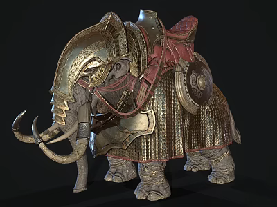 Ornate Armored Elephant Display With Golden Decorative Plates Saddle And Shield 3d model