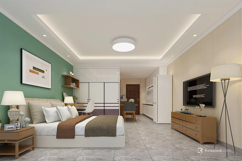 Modern Apartment Bedroom With Green Wall White Ceiling Bed Nightstand Lamp And Gray Tile Floor 3d model 