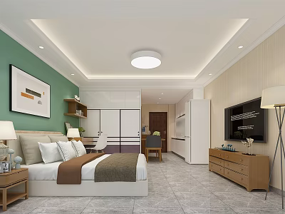 Modern Apartment Bedroom With Green Wall White Ceiling Bed Nightstand Lamp And Gray Tile Floor 3d model