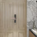 Smart Rose Gold Door Handle on Wooden Door with Marble Wall Background