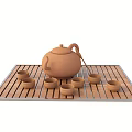 Ceramic Tea Set with Teapot Teacups and Tea Spoon on Bamboo Mat 3d model