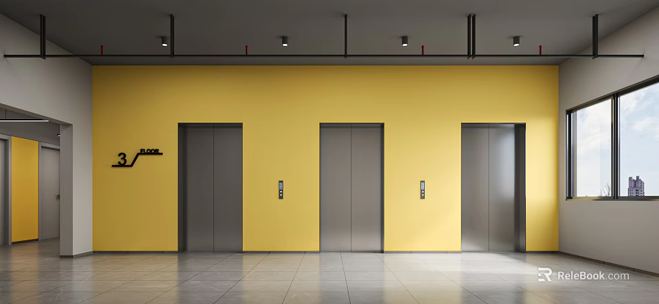 Bright Elevator Hallway With Yellow Walls Three Silver Doors Ceiling Lights And Tile Floor 3d model
