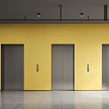 Bright Elevator Hallway With Yellow Walls Three Silver Doors Ceiling Lights And Tile Floor 3d model