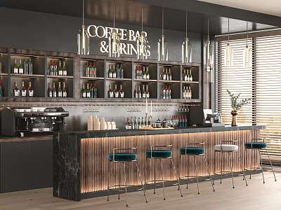 Modern Coffee Bar Interior With Marble Counter Stools And Drinks 3d model