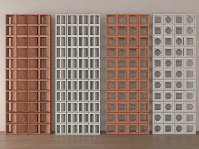 Modern Room Divider Designs Featuring Square Grids And Circular Cutouts In Different Colors 3d model