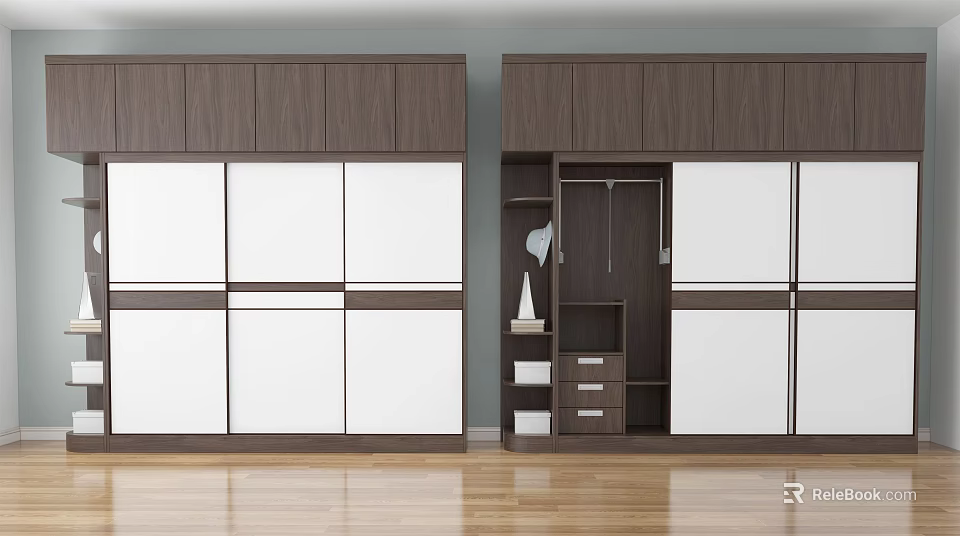 Modern Wooden Wardrobe Design With Mirror Doors Open Shelves And Drawers 3d model 