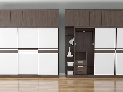 Modern Wooden Wardrobe Design With Mirror Doors Open Shelves And Drawers 3d model