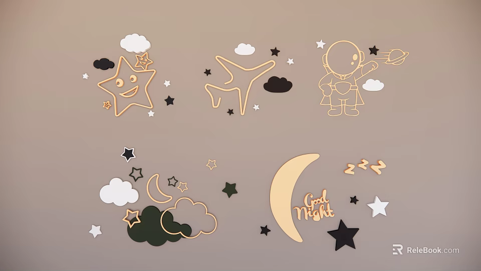 Kids Wall Decorations with Stars Clouds Airplane Astronaut Moon and Good Night Text 3d model 