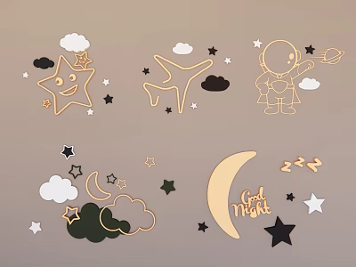 Kids Wall Decorations with Stars Clouds Airplane Astronaut Moon and Good Night Text 3d model