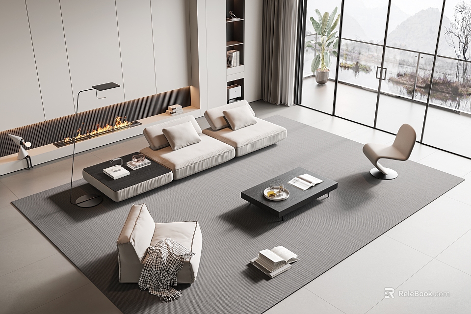 Modern Living Room Sofa Coffee Table Set With Area Rug And Floor To Ceiling Windows 3d model 
