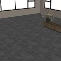 Gray Cement Floor in Bright Room With Large Windows Wooden Bench Black Vase and Plant