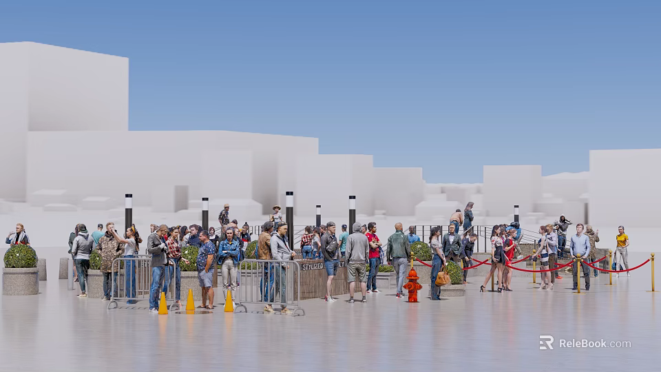 Crowd of People Queuing Near Barriers with White Buildings and Blue Sky 3d model 