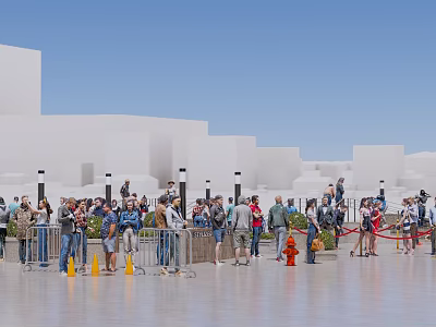 Crowd of People Queuing Near Barriers with White Buildings and Blue Sky 3d model