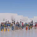 Crowd of People Queuing Near Barriers with White Buildings and Blue Sky