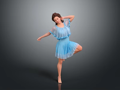 Game Movie Character in Blue Frilled Dress Striking Single Leg Pose Against Gray Gradient Background 3d model