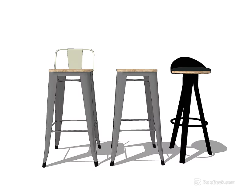Three Stylish Bar Stools Featuring Metal Legs Wooden Seat And Black Design 3d model 