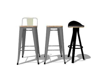 Three Stylish Bar Stools Featuring Metal Legs Wooden Seat And Black Design 3d model