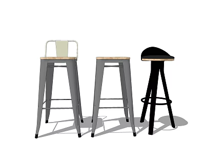 Three Stylish Bar Stools Featuring Metal Legs Wooden Seat And Black Design 3d model