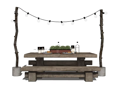 Outdoor Wooden Picnic Table And Bench Set With Branch Poles String Lights And Potted Plant 3d model