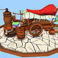 Cartoon Market Stall With Big Red Chili Pepper Striped Awning Jars Wooden Barrels And Spices