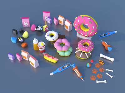 Assorted Items Collection Featuring Colorful Donuts Medicine Bottles Thermometers Bones And Paw Prints 3d model
