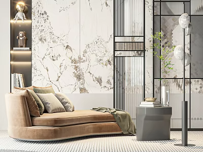 Modern Beige Leisure Chair With Plush Cushions Near Gray Side Table And Floral Wallpaper 3d model