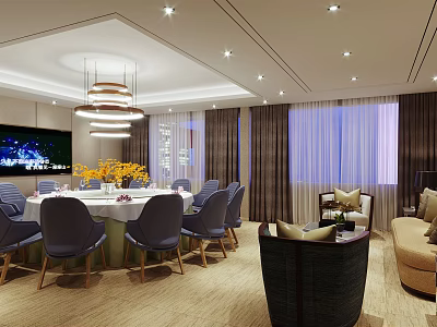 Luxurious Private Dining Box With Round Table Blue Chairs And Large Screen TV 3d model